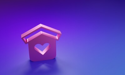 Pink Shelter for homeless icon isolated on purple-blue background. Emergency housing, temporary residence for people, bums and beggars without home. Minimalism concept. 3D render illustration