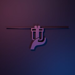 Purple Give gift icon isolated on purple-blue background. Gift in hand. The concept of giving and receiving a gift. Minimalism concept. 3D render illustration