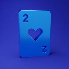 Blue Playing card with heart symbol icon isolated on blue background. Casino gambling. Minimalism concept. 3D render illustration