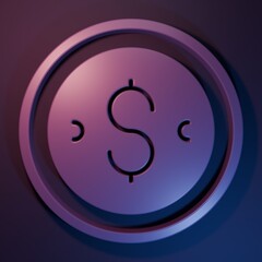 Purple Coin money with dollar symbol icon isolated on purple-blue background. Banking currency sign. Cash symbol. Minimalism concept. 3D render illustration