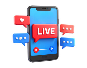 Fototapeta premium Live Streaming Illustration: Captivating digital illustration of a smartphone featuring 'LIVE' text, encircled by social interaction indicators representing modern digital communication. 