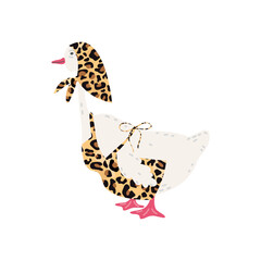 Goose in a headscarf and apron with leopard print on a white background. Vector Trendy hipster farm bird character. Perfect for kids designs, stickers, prints, cards,and humor project