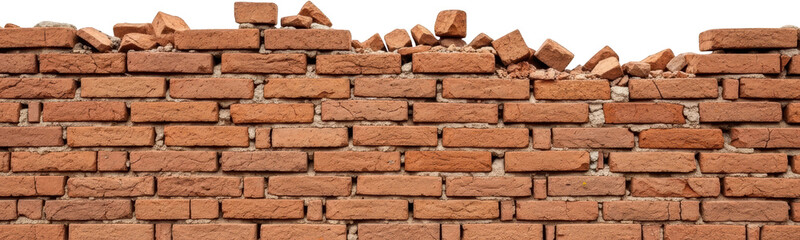 Obraz premium Textured weathered red brick wall with damaged top edge and loose stones isolate