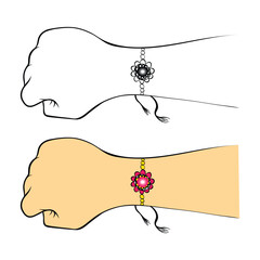 Raksha bandhan rakhi to wrist. raksha bandhan celebration line drawing. rakhi on brother’s hand. hand draw vector illustration