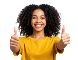 Beaming Young Girl with Curly Hair Giving Double Thumbs Up, Transparent Background PNG