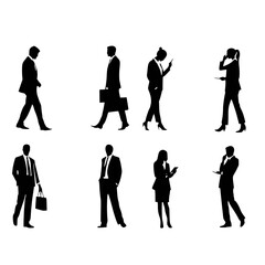Fototapeta premium A comprehensive collection of vector silhouettes showcasing male and female office professionals in various work-related poses. These figures depict activities such as using laptops, talking on phones