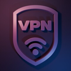 Purple Shield with VPN and wifi wireless internet network symbol icon isolated on purple-blue background. VPN protect safety concept. Minimalism concept. 3D render illustration