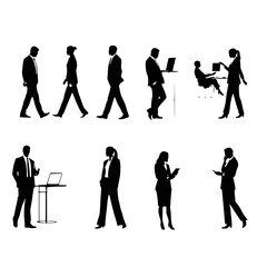 A comprehensive collection of vector silhouettes showcasing male and female office professionals in various work-related poses. These figures depict activities such as using laptops, talking on phones