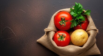 Fresh tomatoes and potatoes in a burlap sack