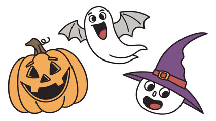 Fototapeta premium Cartoon halloween scene featuring a pumpkin, a ghost with wings, and a witch head with a hat and smile
