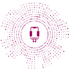 Purple Mobile phone holder icon isolated on white background. Abstract circle random dots. Vector
