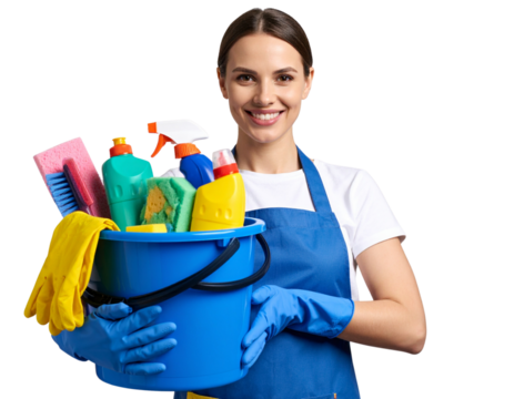 Cheerful Female Cleaner Holding Bucket of Cleaning Supplies, Transparent Background PNG