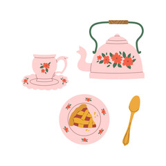 Isolated flat vector illustration of vintage pink tea set of dishes with cherry pie on white background. Cottage core lifestyle. Home interior element.