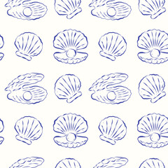 Seamless pattern with seashells and pearls. Flat hand drawn illustration. Italian sketch style. Blue ink lines. Perfect for background, textile, apparel, packaging, wallpaper.