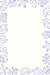 Vertical marine frame with hand drawn seashells and corals. Blue ink lines on white backdrop. Flat vector template. Ideal for background, poster, card, invitation, ads, cover.
