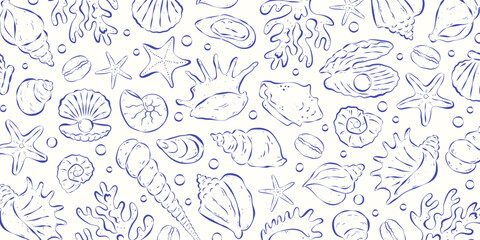 Horizontal background on the coastal theme. Different seashells and bubbles on white backdrop. Hand drawn italian sketch print. Blue rough ink lines. Flat vector illustration. © Katrinka8888