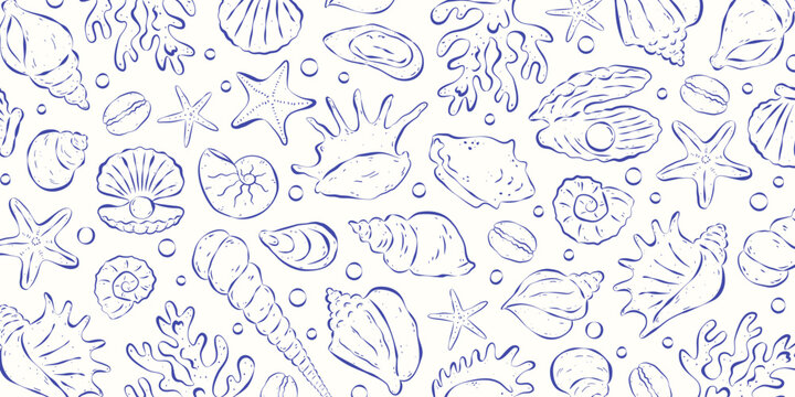 Horizontal background on the coastal theme. Different seashells and bubbles on white backdrop. Hand drawn italian sketch print. Blue rough ink lines. Flat vector illustration.