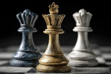 Fototapeta premium Golden queen with contrasting black and white chess pieces in strategic focus