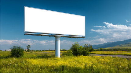 Billboard stands tall in a field of yellow flowers under a partly cloudy sky