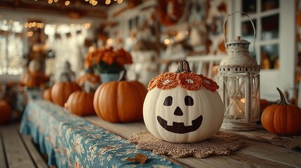 Halloween Carved Pumpkins with Smiling Faces: Cream Decorated Close-Up on Table, Ultra-Realistic High-Resolution Dynamic Style