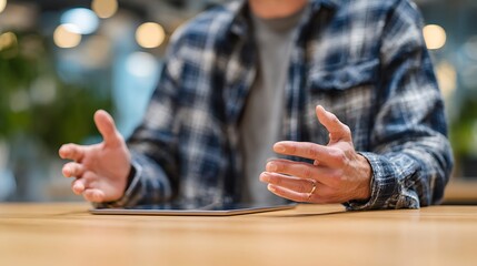 Person with a tablet on a wooden table gesturing with open hands wearing a blue plaid shirt