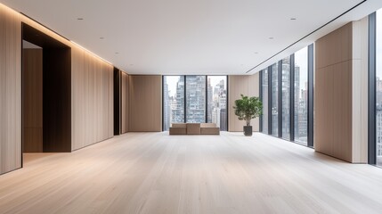 Modern Empty Interior of a Stylish Urban Apartment with Skyline View