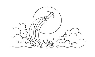 Board riding, continious line drawing. Recreation on the water. Silhouette of a man over water.  Summer vacation. Vector illustration