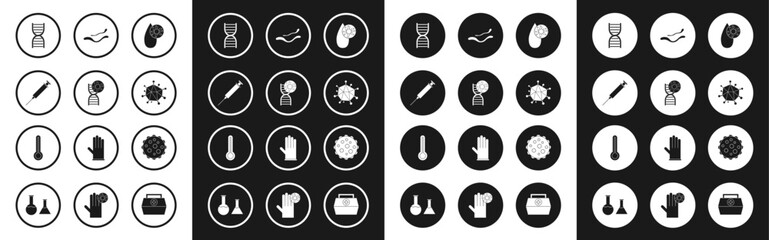 Set Blood test and virus, DNA symbol, Syringe, Virus, Ebola disease, and Medical thermometer icon. Vector