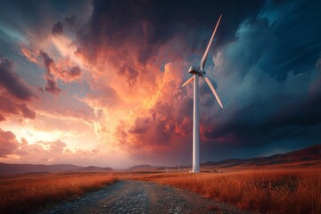 Obraz premium Silent turbine at sunset: visualizing germany's energy struggles. Germany's energy gap. Challenges in germany's green transition amid slow wind speeds. Renewable challenges.