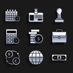 Set Coin money with dollar symbol, Earth globe, Stacks paper cash, Briefcase, Money exchange, Calculator, Stamp and Financial calendar icon. Vector