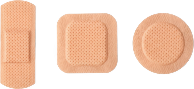 Three assorted sizes of flesh toned adhesive bandages with textured surfaces on black transparent background