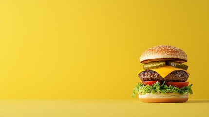 Delicious cheeseburger with fresh ingredients on bright yellow background
