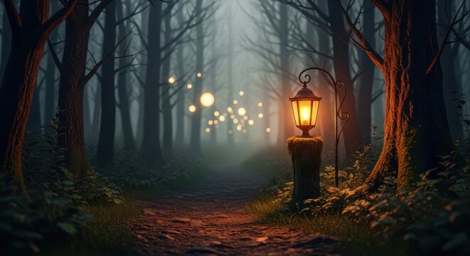A lantern illuminates a foggy forest path at night
