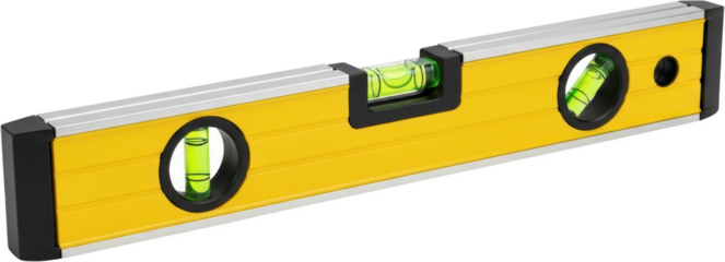 Yellow metal spirit level with green bubble vials isolate bubble level