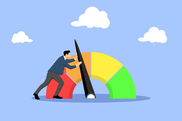 Strong businessman pull the arrow to make rating gauge to be excellent. Performance rating or customer feedback, credit score or satisfaction measurement, quality control or improvement. hard word.