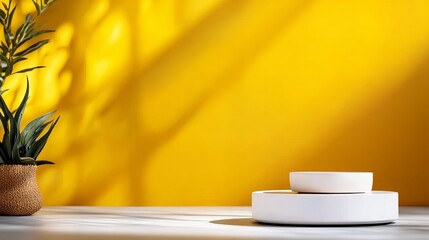 Minimalist yellow background with white ceramic bowls and potted plant