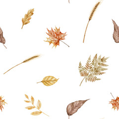 Watercolor seamless pattern with autumn leaves, ferns, and wheat. illustration of Fall background with dry plants for seasonal wrapping paper or textile design. Ornament with herbs.