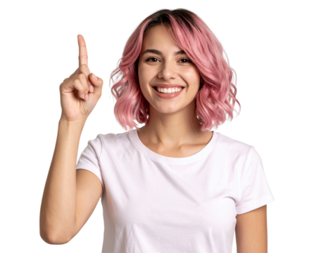 Cheerful Young Woman with Vibrant Pink Hair Pointing Upward, Transparent Background PNG