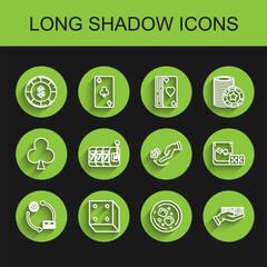 Set line Casino chips exchange on stacks of dollars, Glass whiskey and cubes, Hand holding deck playing cards, Slot machine lucky sevens jackpot, glass and Human hand throwing game icon. Vector