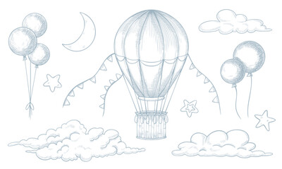 Vector illustration of hot air Balloon, clouds, crescent moon and stars in pastel blue colors. Linear drawing of vintage aircraft for Baby shower greeting cards or childish party invitations.