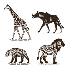 Safari animal icon set in tribal pattern design including giraffe, zebra, cheetah, and hyena