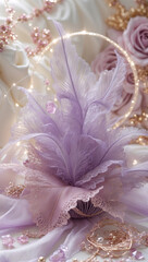 Light purple feathers rest gently beside soft lace and pink roses