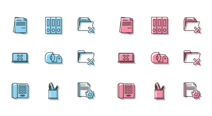 Set line Telephone, Pencil case stationery, File document, Document settings with gears, Scotch, Delete folder, Laptop and cross mark screen and Office folders papers documents icon. Vector