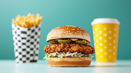 Crispy Chicken Sandwich with Pickles and Fresh Slaw on Blue Background