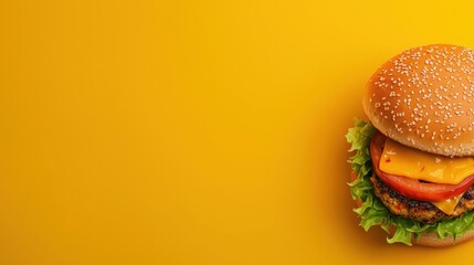 Fresh and Juicy Burger with Cheese and Vegetables on Yellow Background