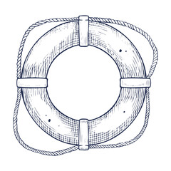 Vector illustration of Lifebuoy ring with rope. Linear drawing of hand drawn safety equipment in vintage engraving style for nautical design. Etched art of Lifesaver for marine design painted by inks.