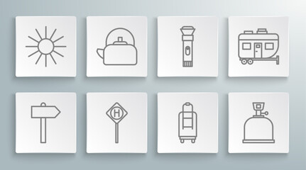 Fototapeta premium Set line Road traffic signpost, Kettle with handle, Parking, Suitcase, Camping gas stove, Flashlight, Rv trailer and Sun icon. Vector
