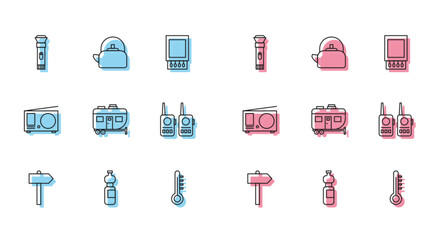Set line Road traffic signpost, Bottle of water, Flashlight, Meteorology thermometer, Rv Camping trailer, Walkie talkie, Radio with antenna and Kettle handle icon. Vector