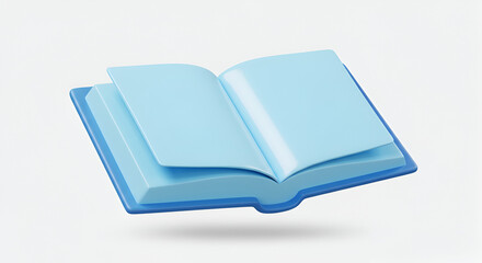Minimalist open blue book 3D rendering against a plain white background perfect for educational posters