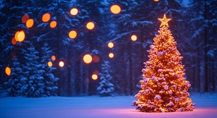 A festive Christmas tree adorned with glowing lights and a star illuminates a magical snowy forest scene at night.
